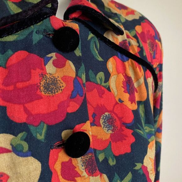 Vintage S.G.Gilbert Size 12 Dark Floral Dress Orange Long Sleeve Velvet Buttons - Picture 3 of 10